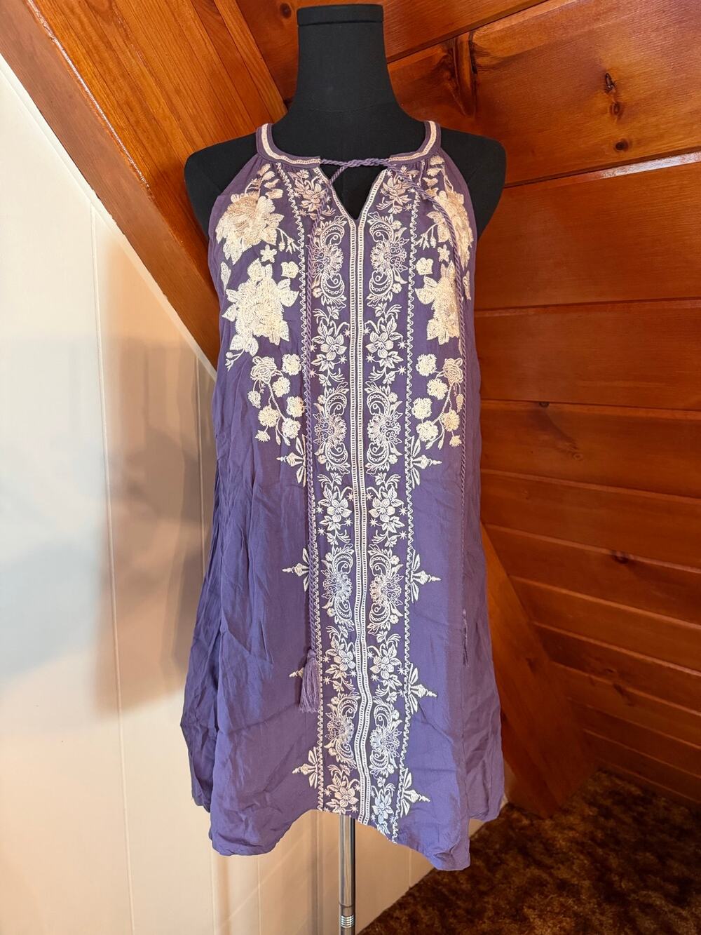 Blue Rain Purple Halter Mini Swing Dress with Floral Embroidery sz M